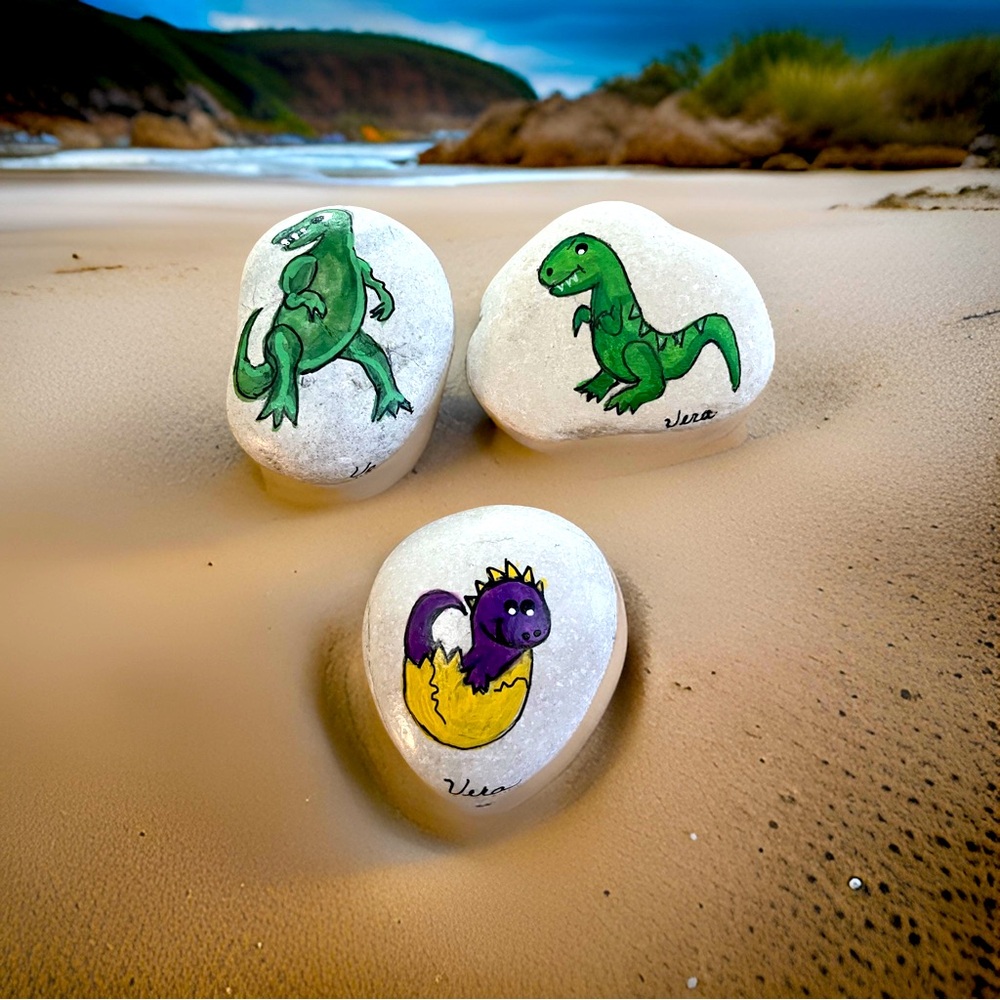 Hand crafted painted dinosaur rocks set of 3 stones egg green Tyrannosaurus Rex